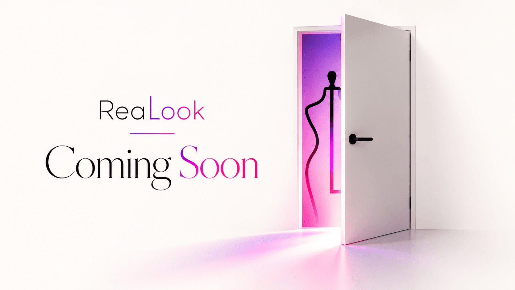 Realook — coming soon. A door opens onto a dress form lit in violet and pink.